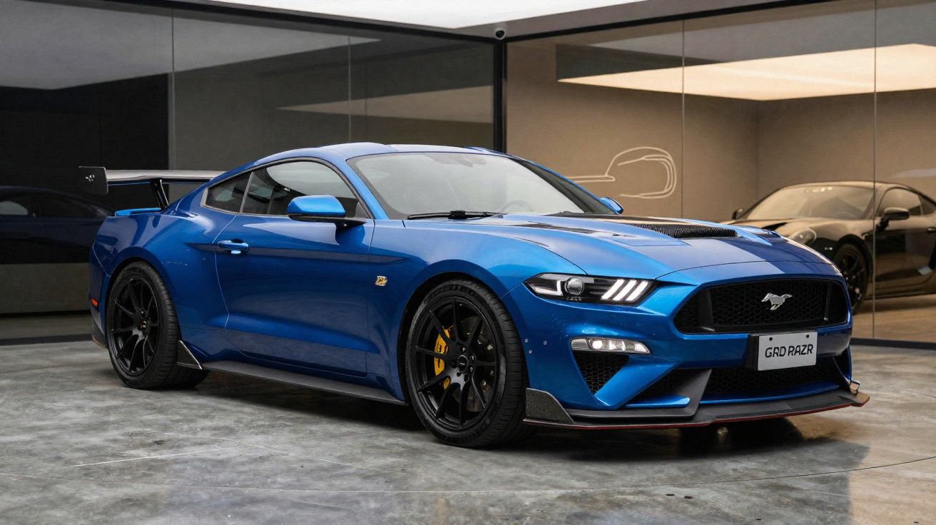 Carro desportivo azul Ford Mustang estacionado em garagem com janela espelhada ao fundo.