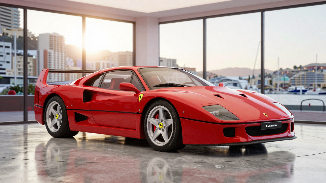 Ferrari F40 vermelha estacionada num showroom com grandes janelas e vista para mar e cidade.