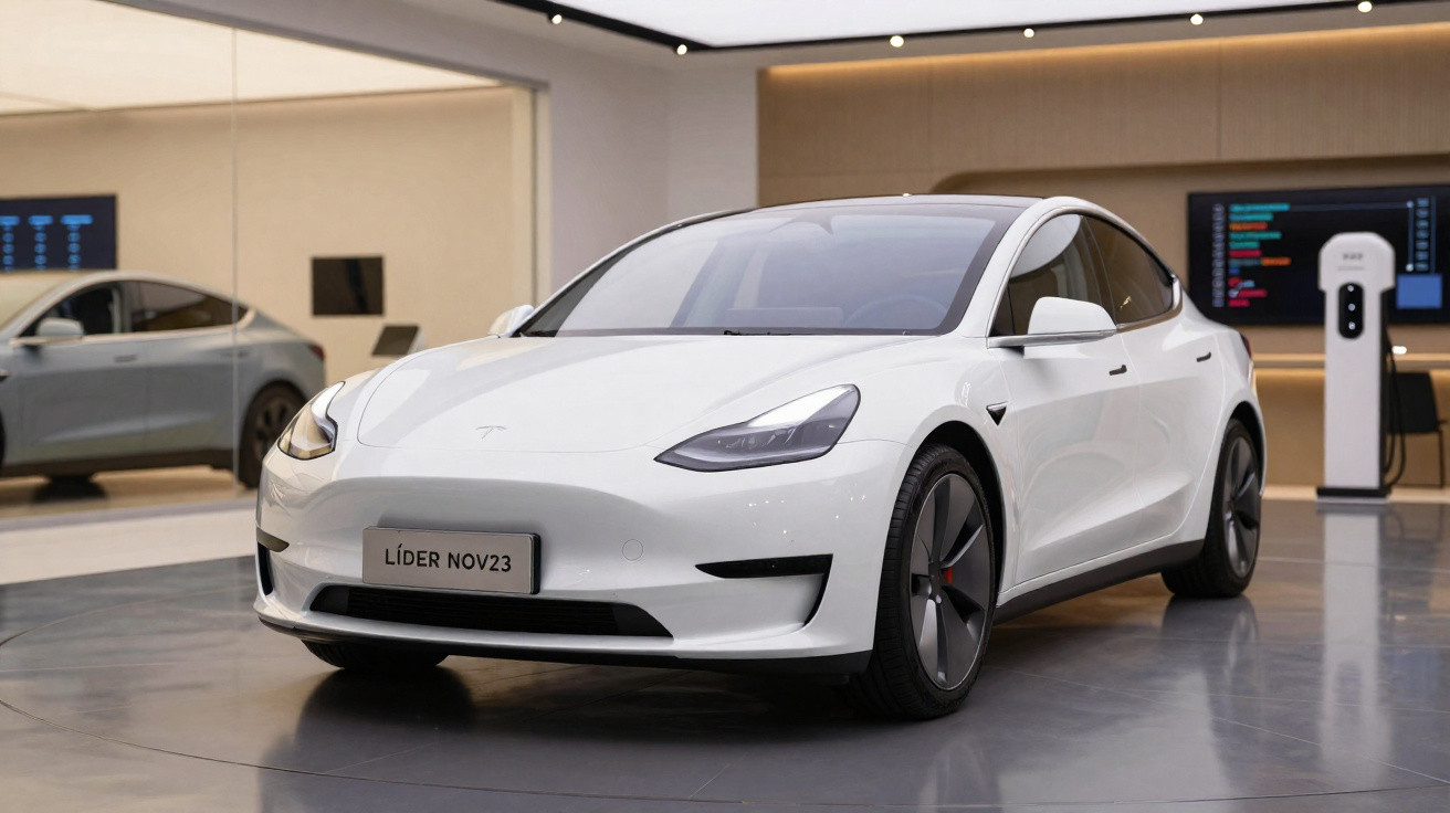 Carro elétrico branco Tesla Model 3 exposto em showroom moderno com posto de carregamento ao fundo.