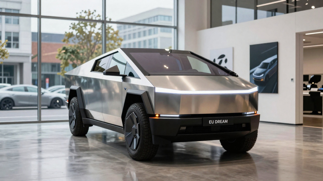 Carro elétrico Tesla Cybertruck prateado em exposição num showroom moderno com janelas panorâmicas.