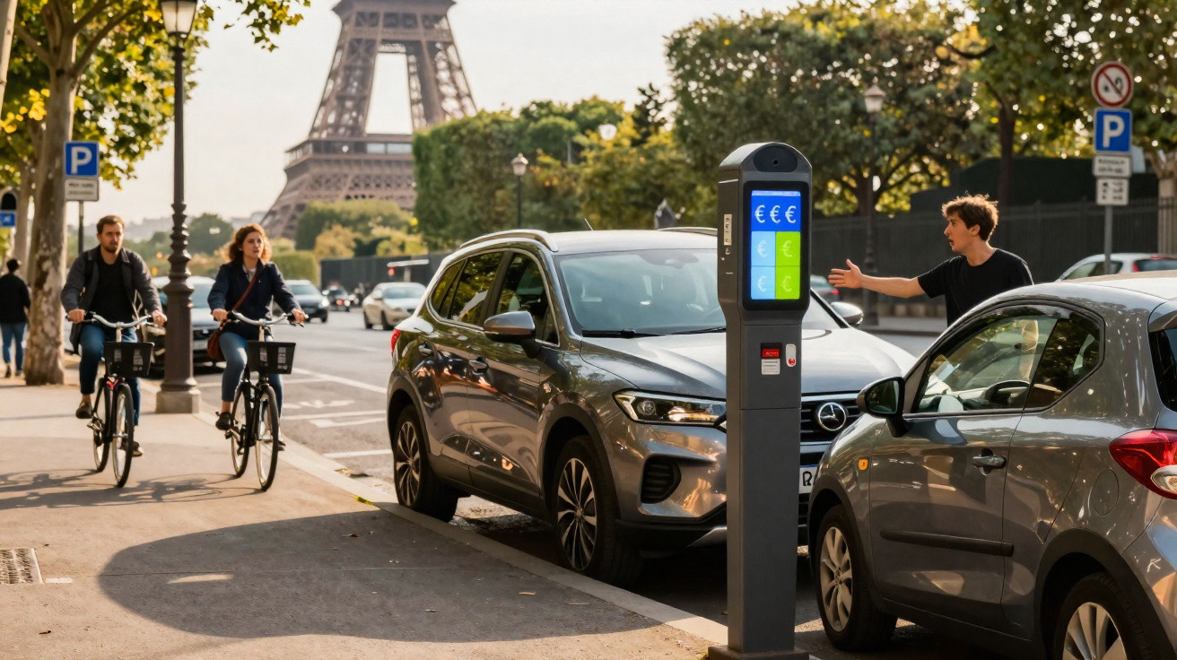Carros estacionados junto a parquímetro e ciclistas em rua com Torre Eiffel ao fundo em Paris, França.