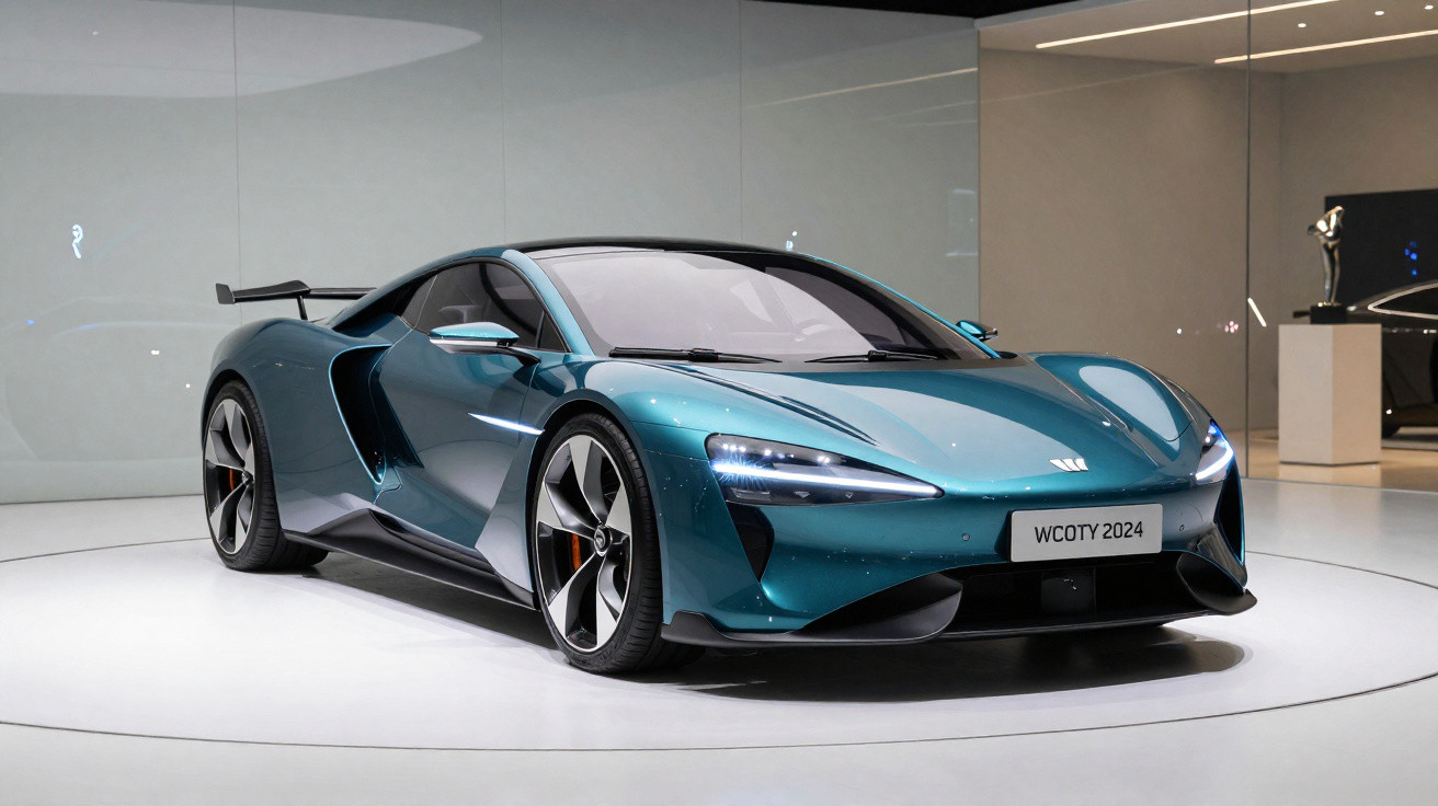 Carro desportivo azul metálico exposto em ambiente interior moderno com placa "WCOTY 2024".