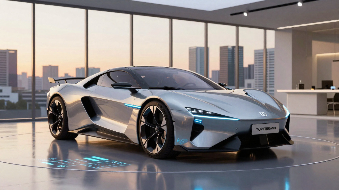Carro desportivo elétrico futurista prateado num showroom com grandes janelas e vista para arranha-céus ao pôr do sol.