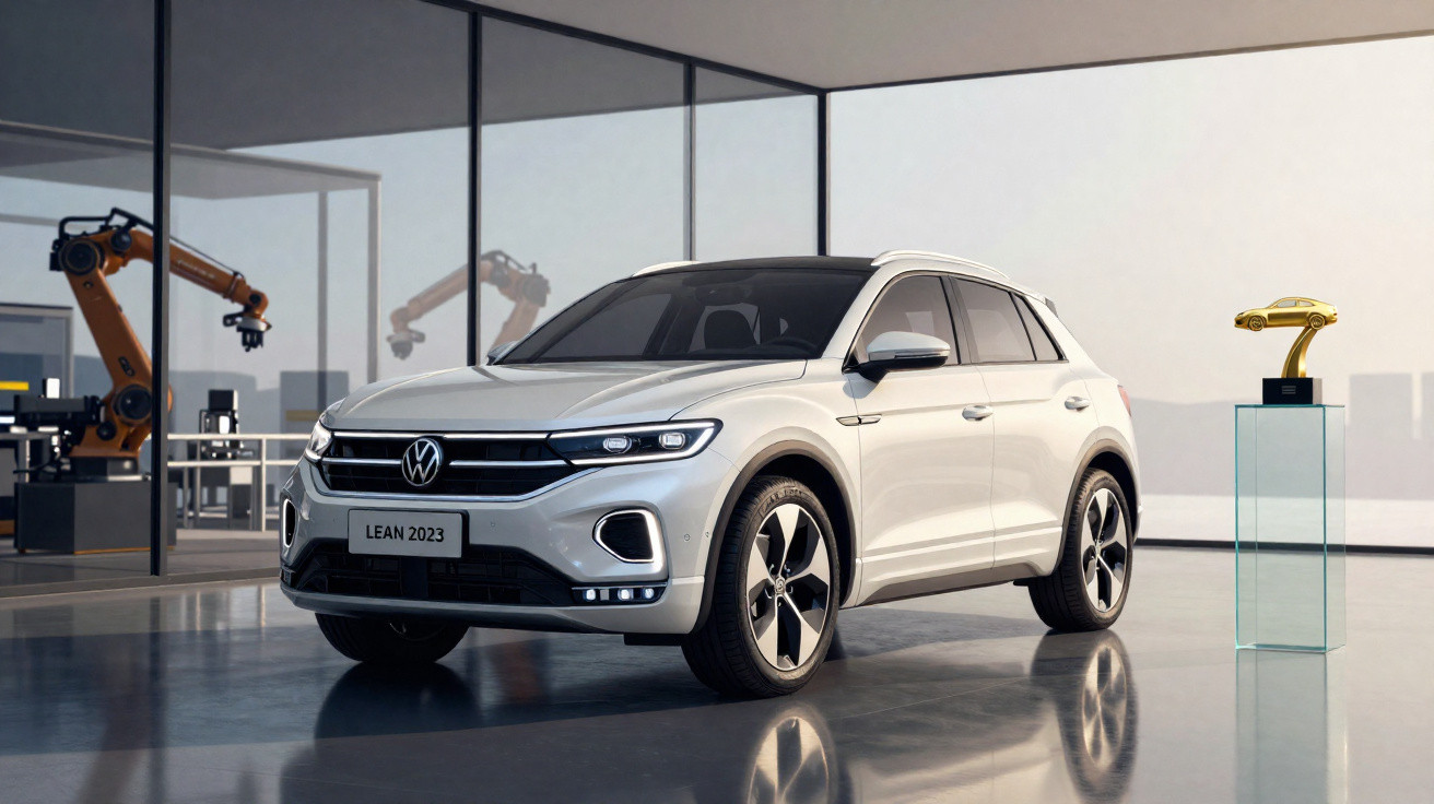 Automóvel Volkswagen branco modelo LEAN 2023 estacionado em sala moderna com robôs industriais e troféu dourado.