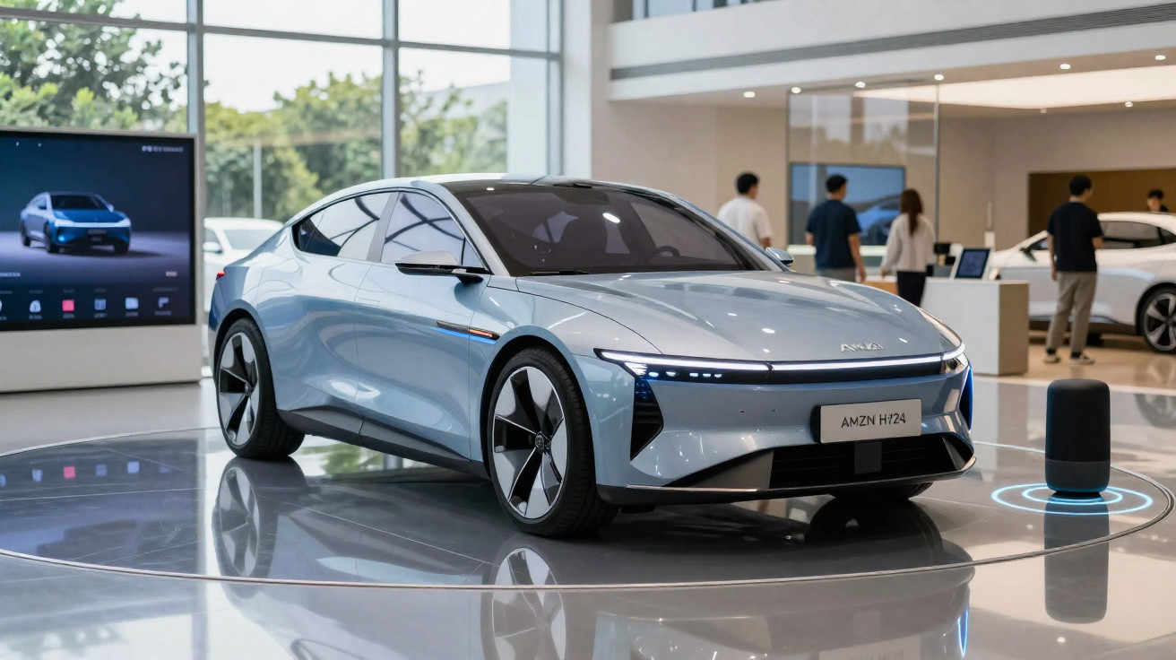 Carro elétrico futurista cinza em exposição numa sala moderna com pessoas ao fundo.