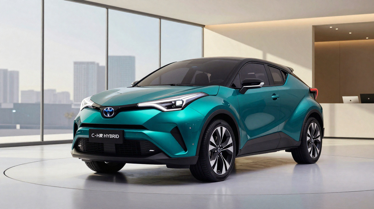 Toyota C-HR híbrido verde expositor em showroom com grandes janelas e vista urbana ao fundo.