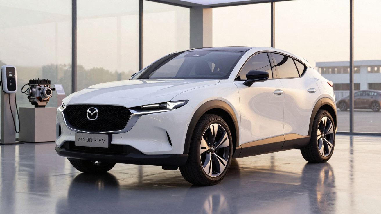 Carro elétrico branco Mazda MX-30 R-EV estacionado em showroom moderno com grandes janelas.