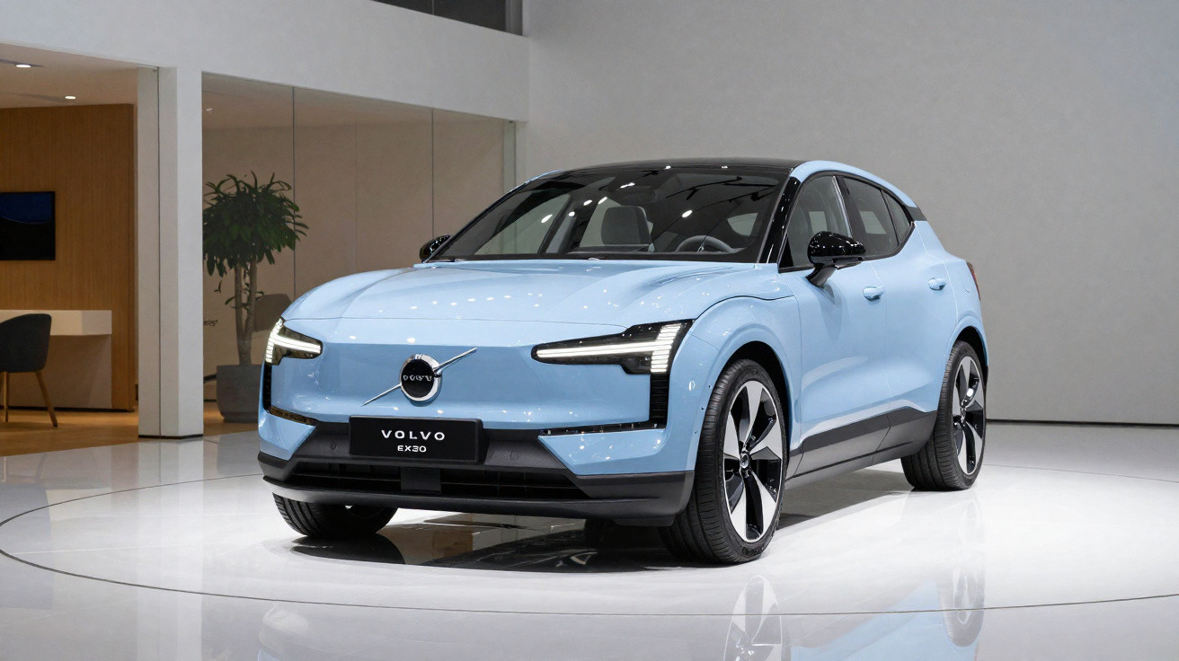 Veículo elétrico Volvo EX30 azul claro exibido numa sala moderna com iluminação branca.