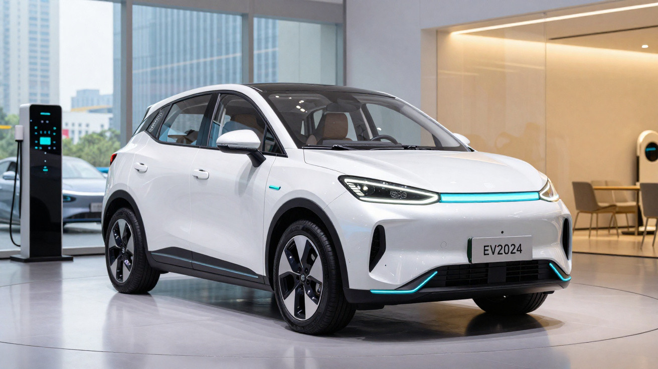 Carro elétrico branco moderno estacionado numa sala de exposição com carregador elétrico ao lado.