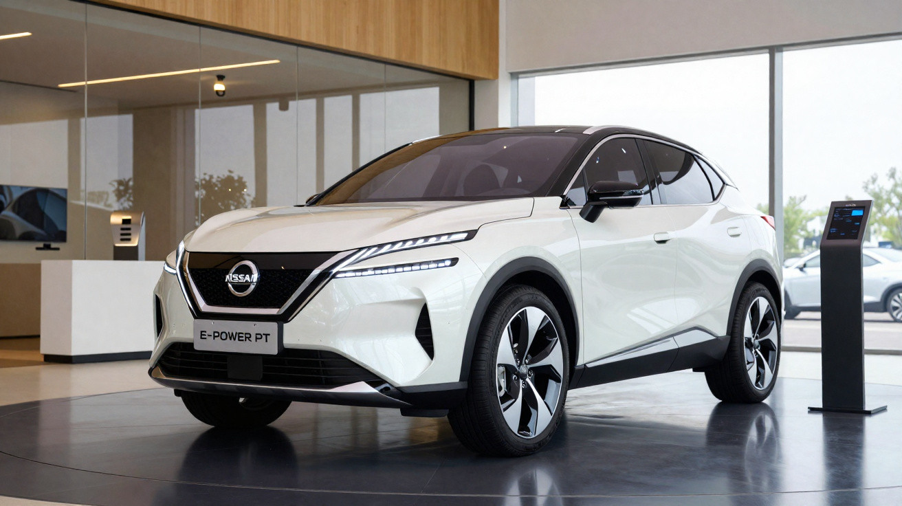Carro elétrico branco Nissan E-Power PT exibido numa sala de showroom moderna com janelas amplas.