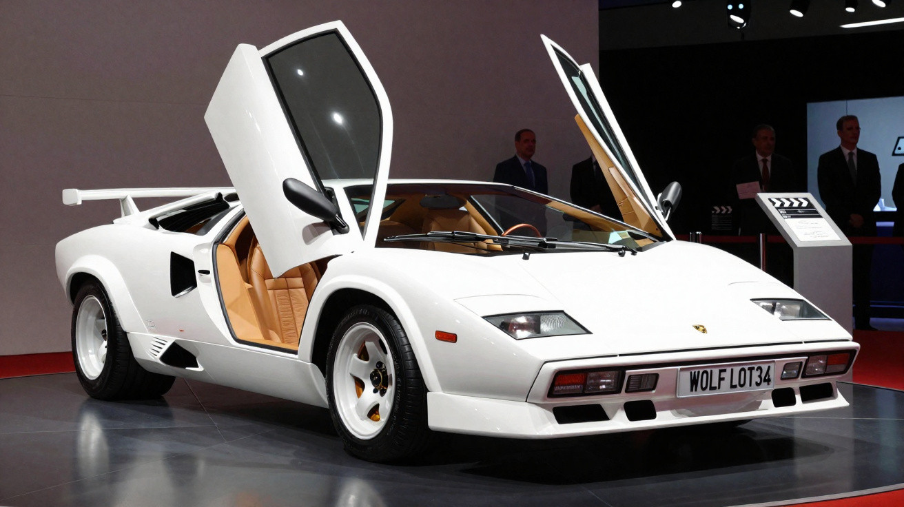 Carro desportivo branco com portas abertas para cima exibido numa exposição.