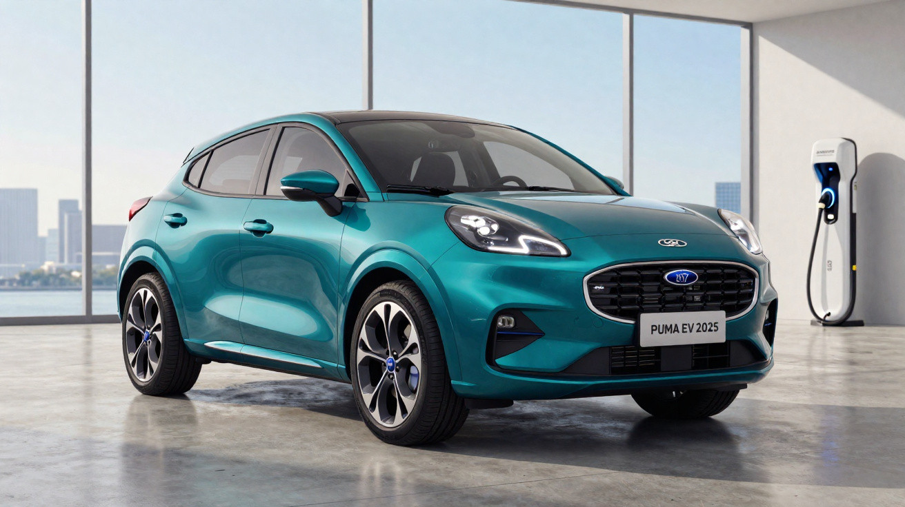 Carro elétrico azul esverdeado modelo Puma EV 2025 numa garagem moderna com estação de carregamento.