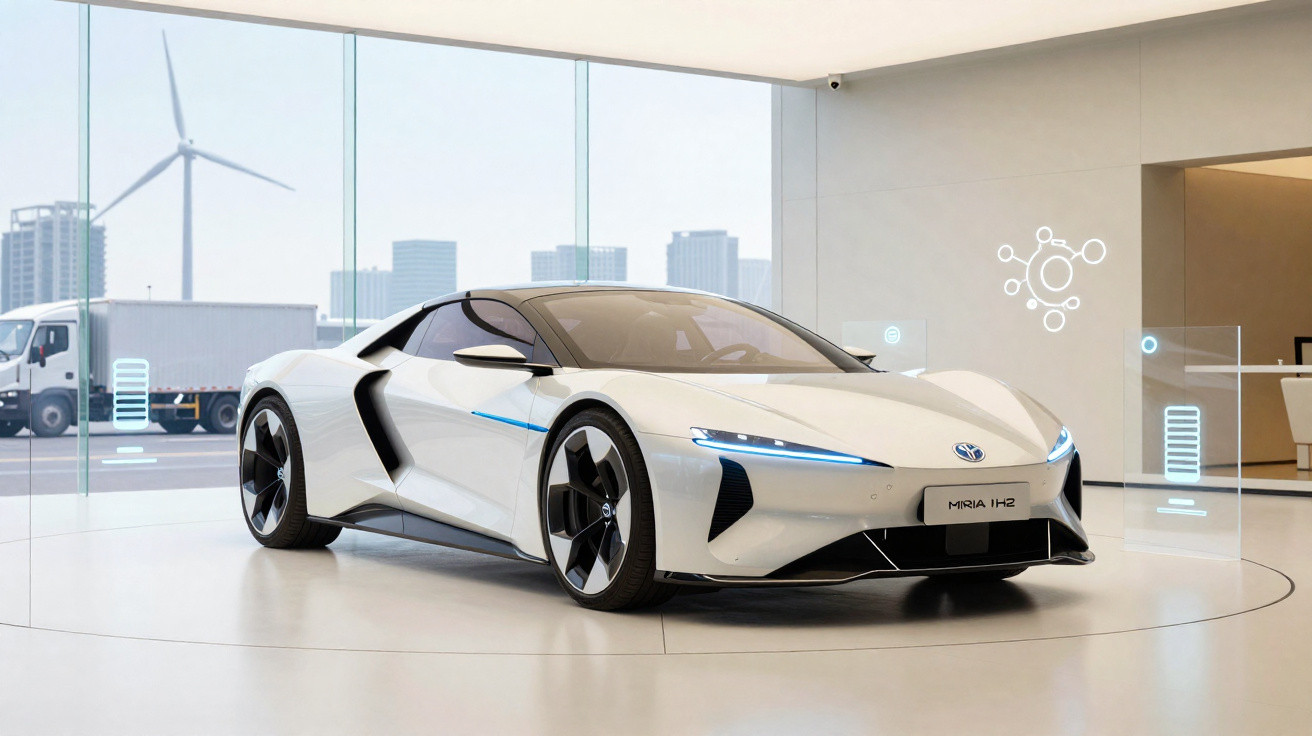 Carro desportivo branco futurista Toyota Mirai H2 numa sala com painéis de vidro e turbina eólica ao fundo.