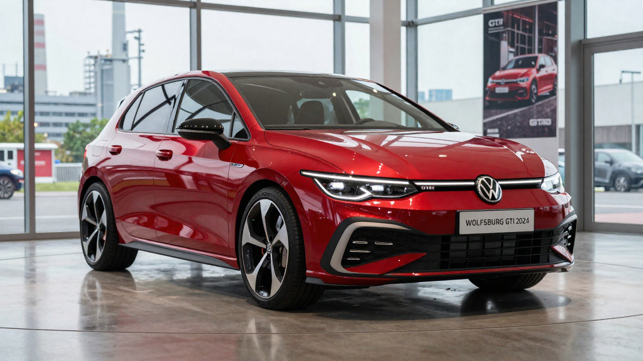 Carro Volkswagen GTI 2024 vermelho exposto em showroom com janelas amplas e chão de cimento.