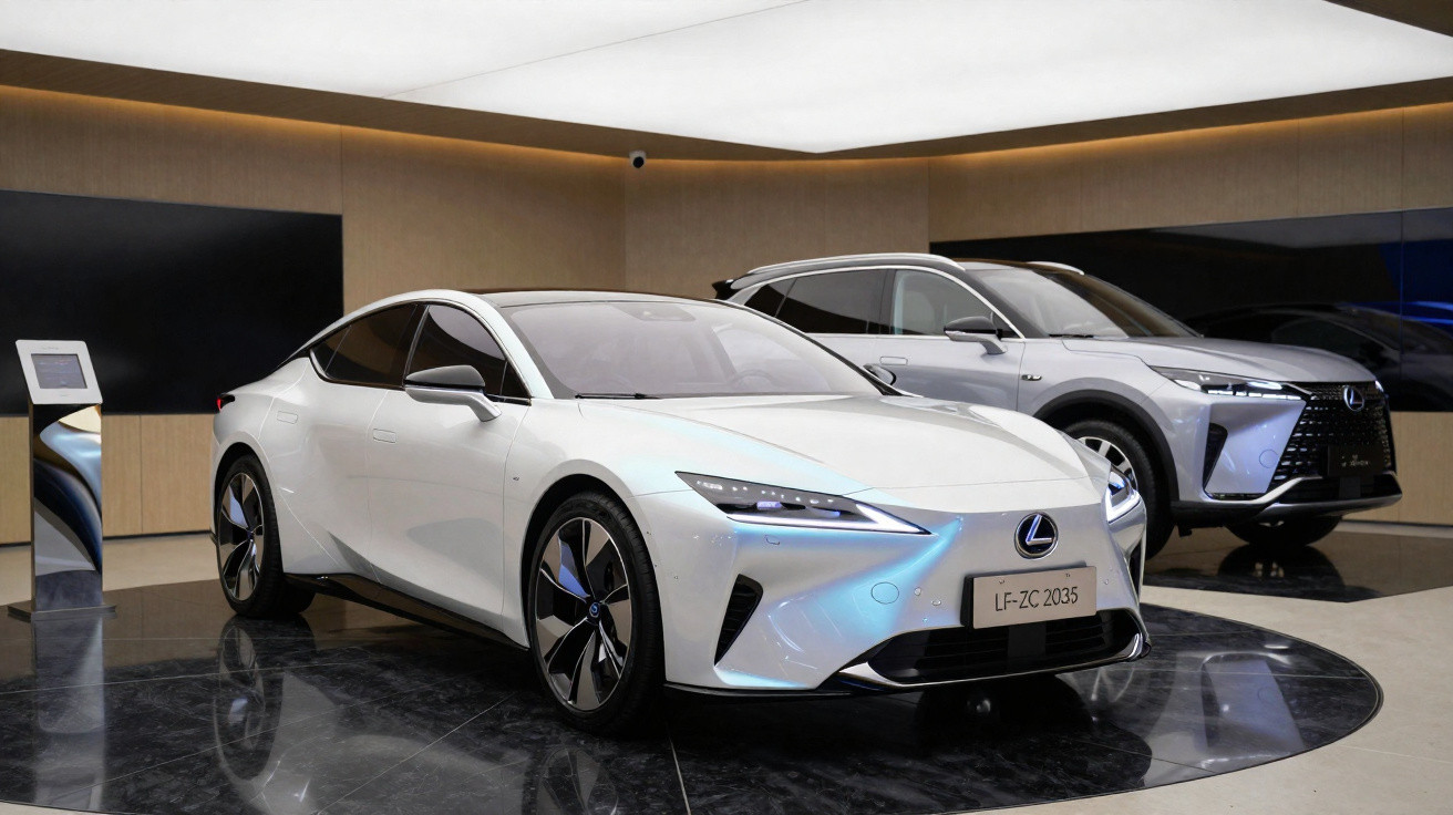 Dois carros Lexus em exposição moderna, um branco desportivo à frente e um SUV cinzento atrás.