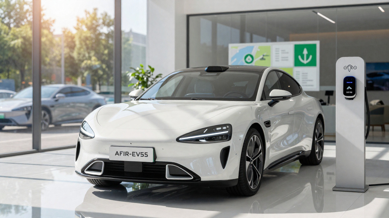 Carro elétrico branco AFIR-EV55 estacionado numa sala moderna junto a um posto de carregamento.
