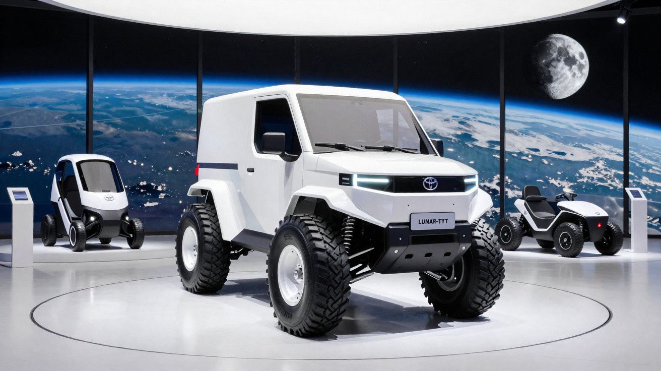 Veículos futuristas Toyota Lunar-TPT expostos em mostra com pano de fundo da Terra e da Lua.