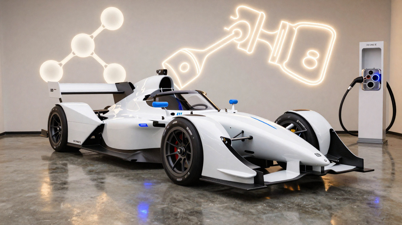 Carro de corrida elétrico branco estacionado junto a posto de carregamento com símbolo H2 fluorescente na parede.