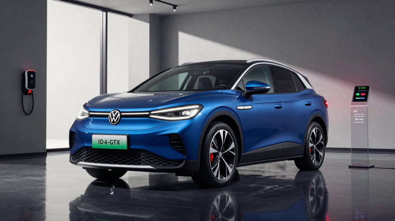 Veículo elétrico Volkswagen ID.4 GTX azul estacionado numa garagem moderna com carregador na parede.