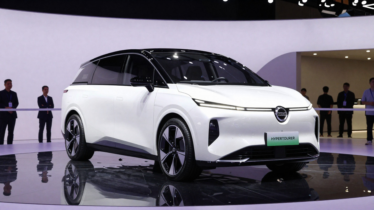 Carro elétrico branco futurista Nissan Hypertourer exposto em evento, com pessoas ao fundo.