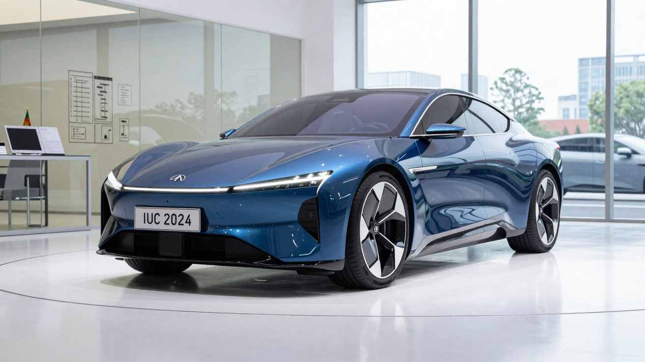 Carro elétrico desportivo azul com design futurista exibido num showroom moderno e luminoso.