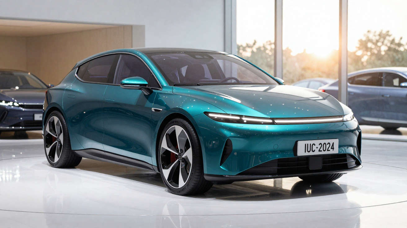 Carro elétrico desportivo verde metálico exposto num salão moderno com iluminação natural.
