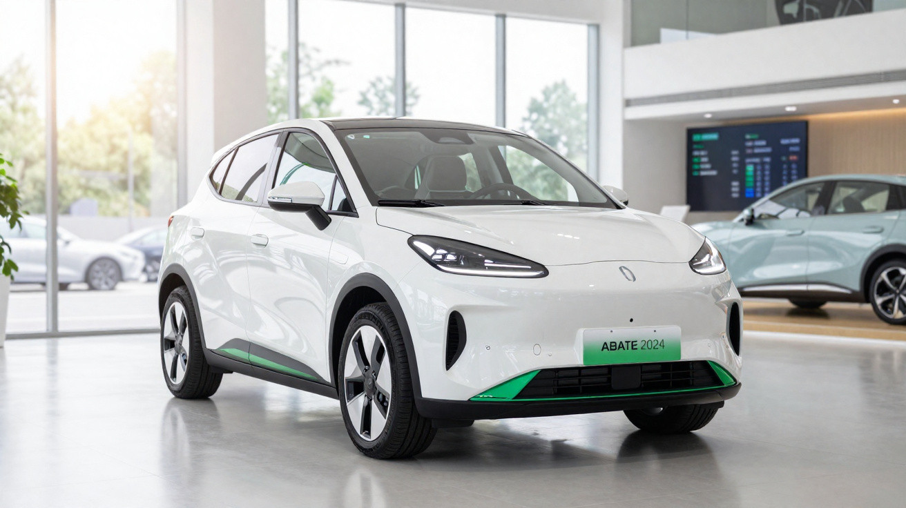 Carro elétrico branco moderno em exposição numa sala ampla e iluminada de concessionário.