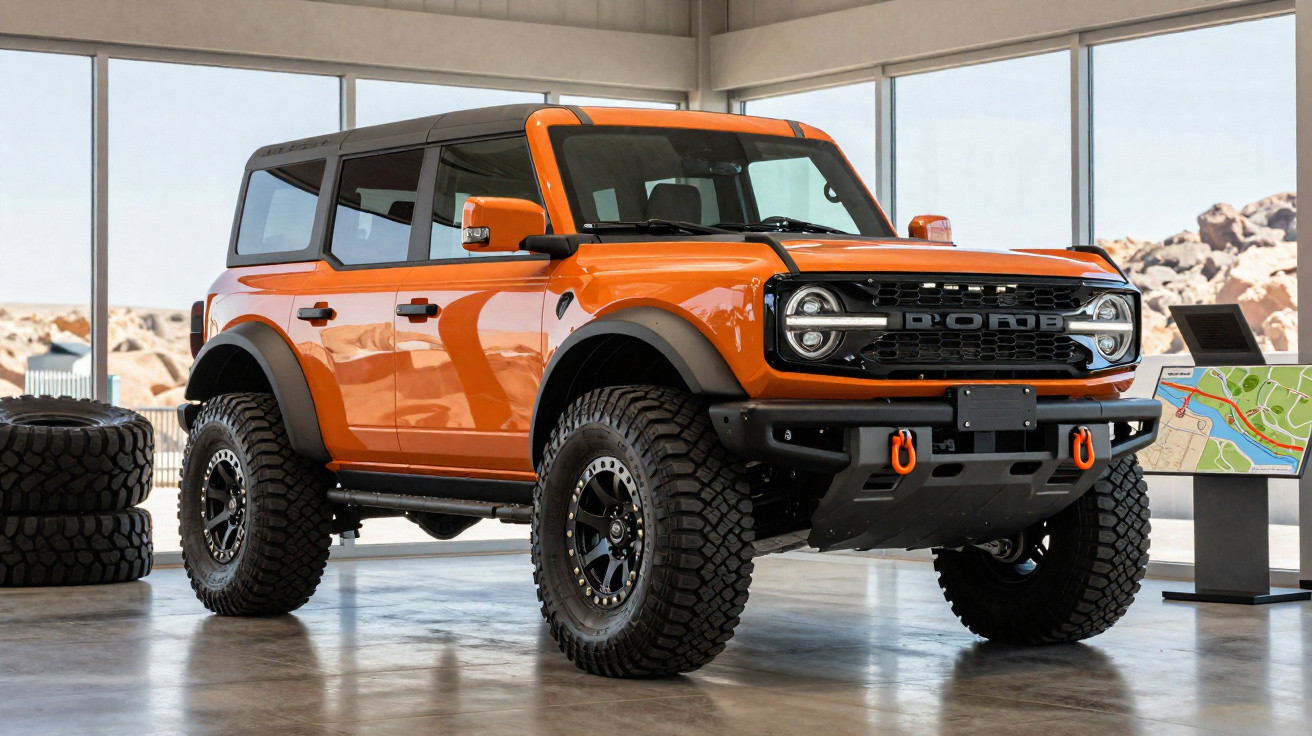 Veículo Ford Bronco laranja todo-o-terreno em salão com grandes pneus e janelas amplas.