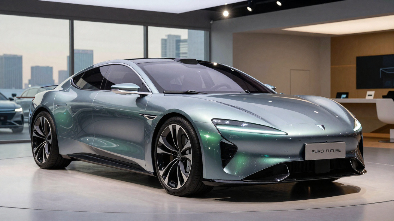 Carro elétrico desportivo prateado exibido em showroom moderno com fundo urbano visível pelas janelas.