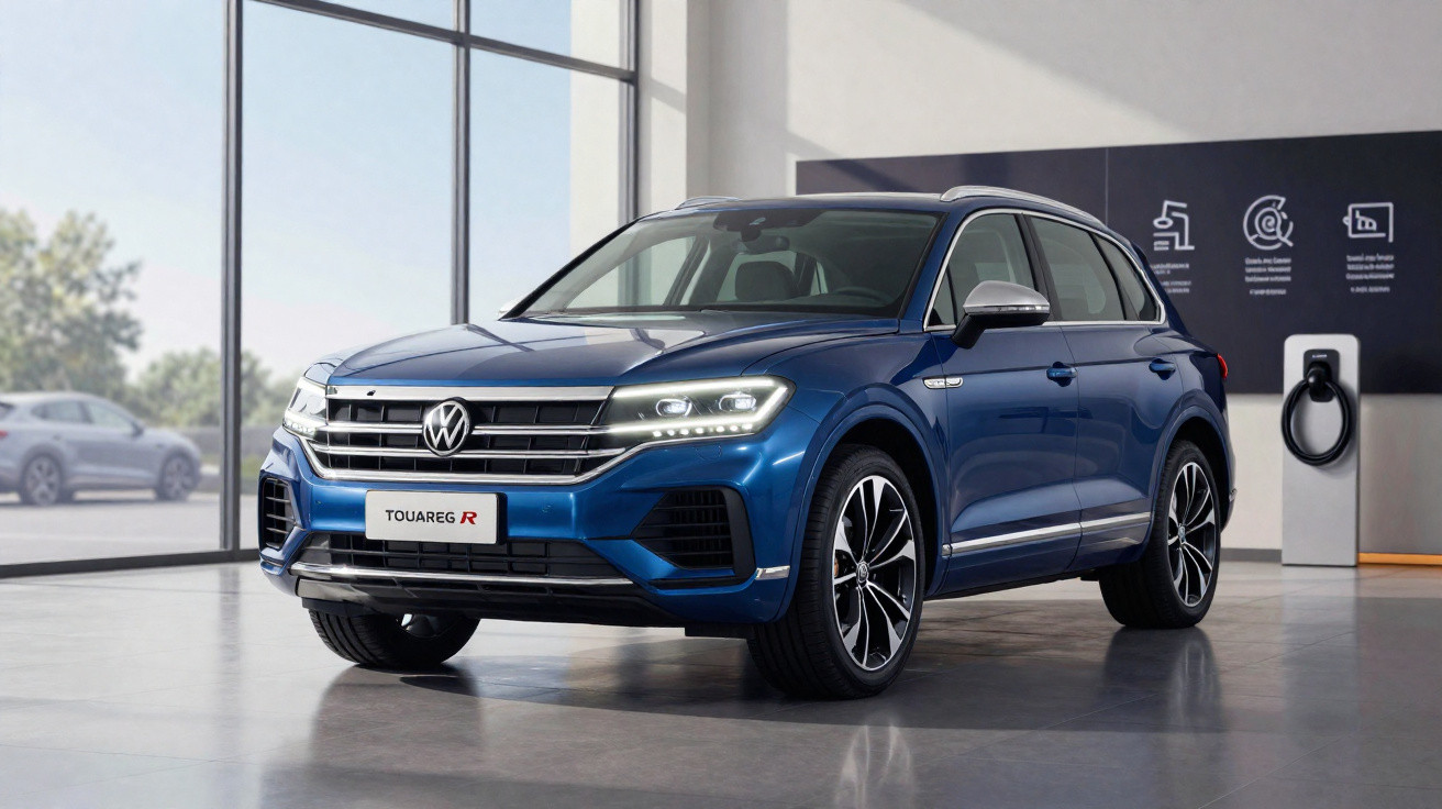 Volkswagen Touareg R azul estacionado em interior moderno com grandes janelas e parede informativa.
