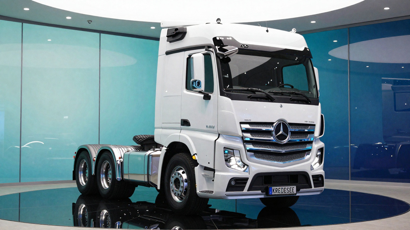 Camião branco Mercedes-Benz em exibição num espaço moderno com paredes azuis e piso refletor.