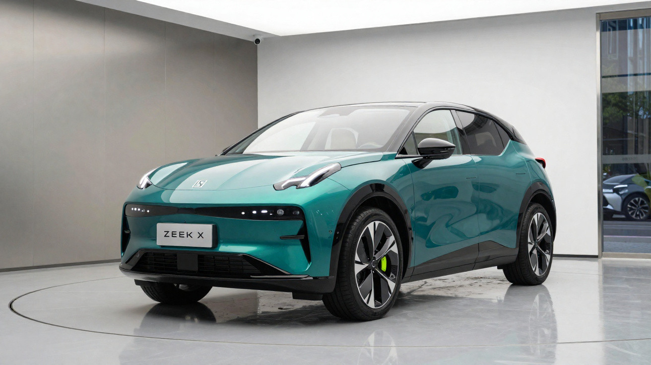 Carro elétrico compacto verde ZEEK X numa sala de exposições moderna com chão refletor.
