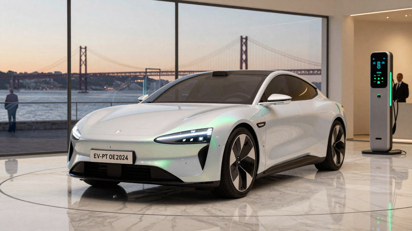 Carro elétrico branco futurista exposto em interior com janela grande para rio e ponte suspensa ao fundo.