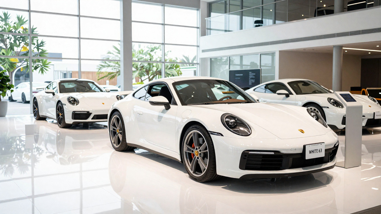 Carros desportivos brancos Porsche 911 expostos em salão moderno com grandes janelas e piso brilhante.