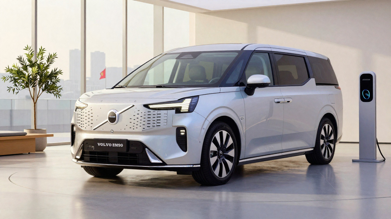 Carro elétrico Volvo EM90 branco estacionado em sala ampla com carregador elétrico junto à parede.
