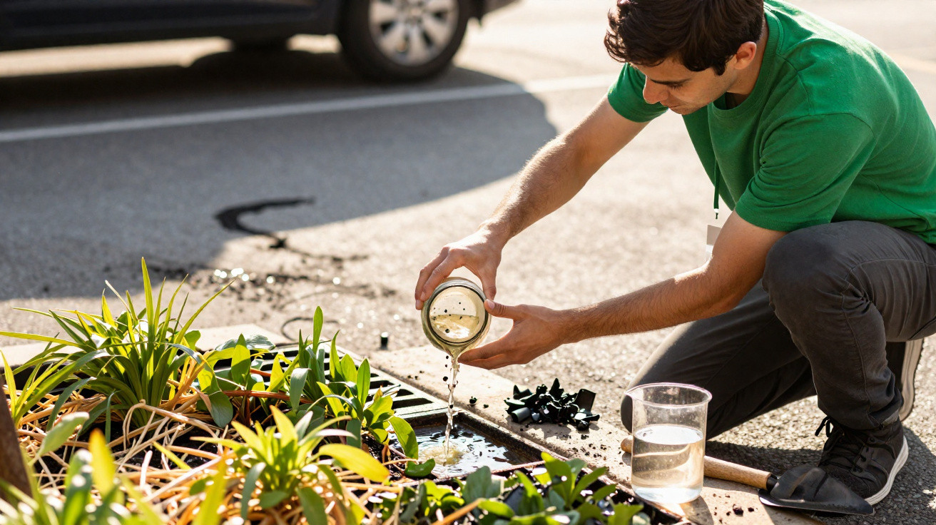 Homem a regar plantas junto a um passeio urbano com um copo e um martelo ao lado.
