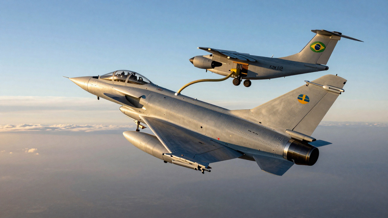 Dois aviões militares em voo, um com bandeira da Suécia e outro com bandeira do Brasil.