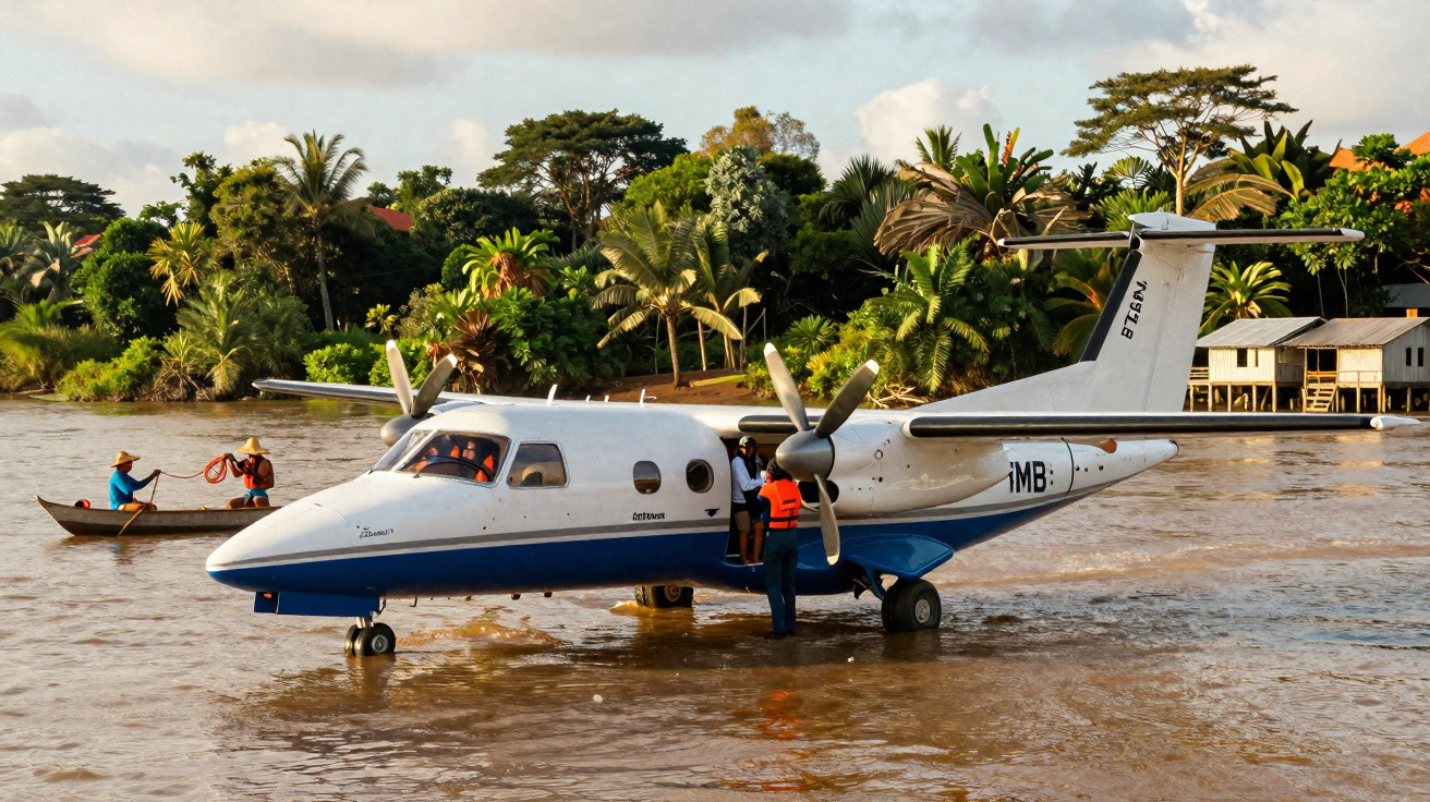 Avião anfíbio com pessoas embarcando numa zona alagada, com vegetação densa e casas ao fundo.