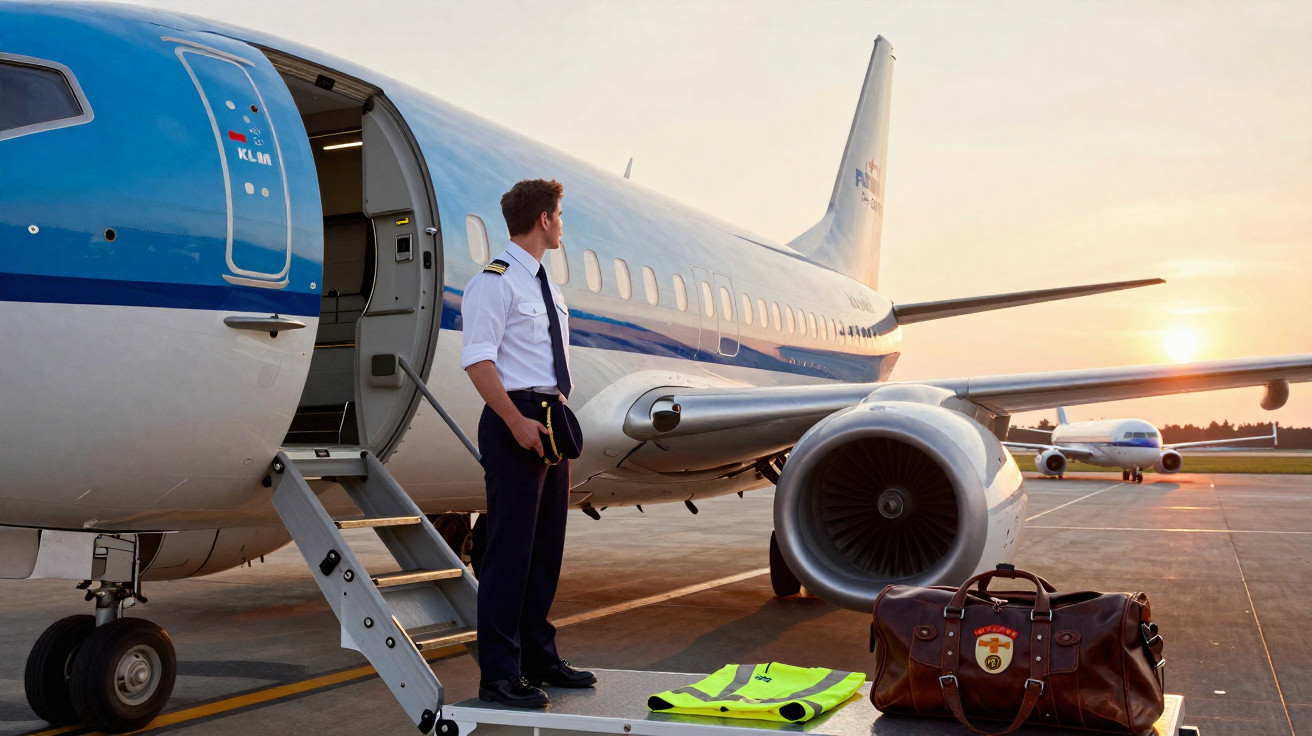 Piloto em uniforme de pé junto a avião da KLM na pista ao pôr do sol, com mala e colete refletor.