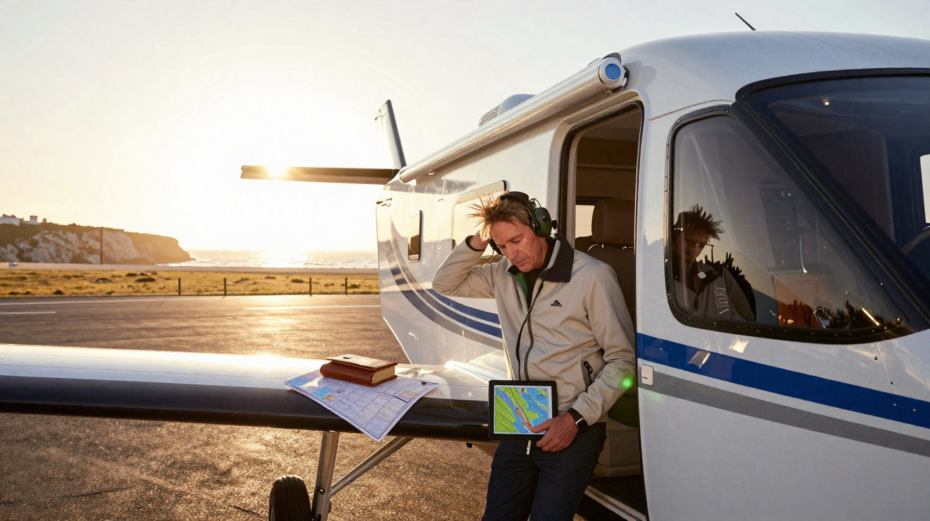Homem com auscultadores ao lado de avião pequeno no aeroporto, a consultar mapa e tablet ao pôr do sol.