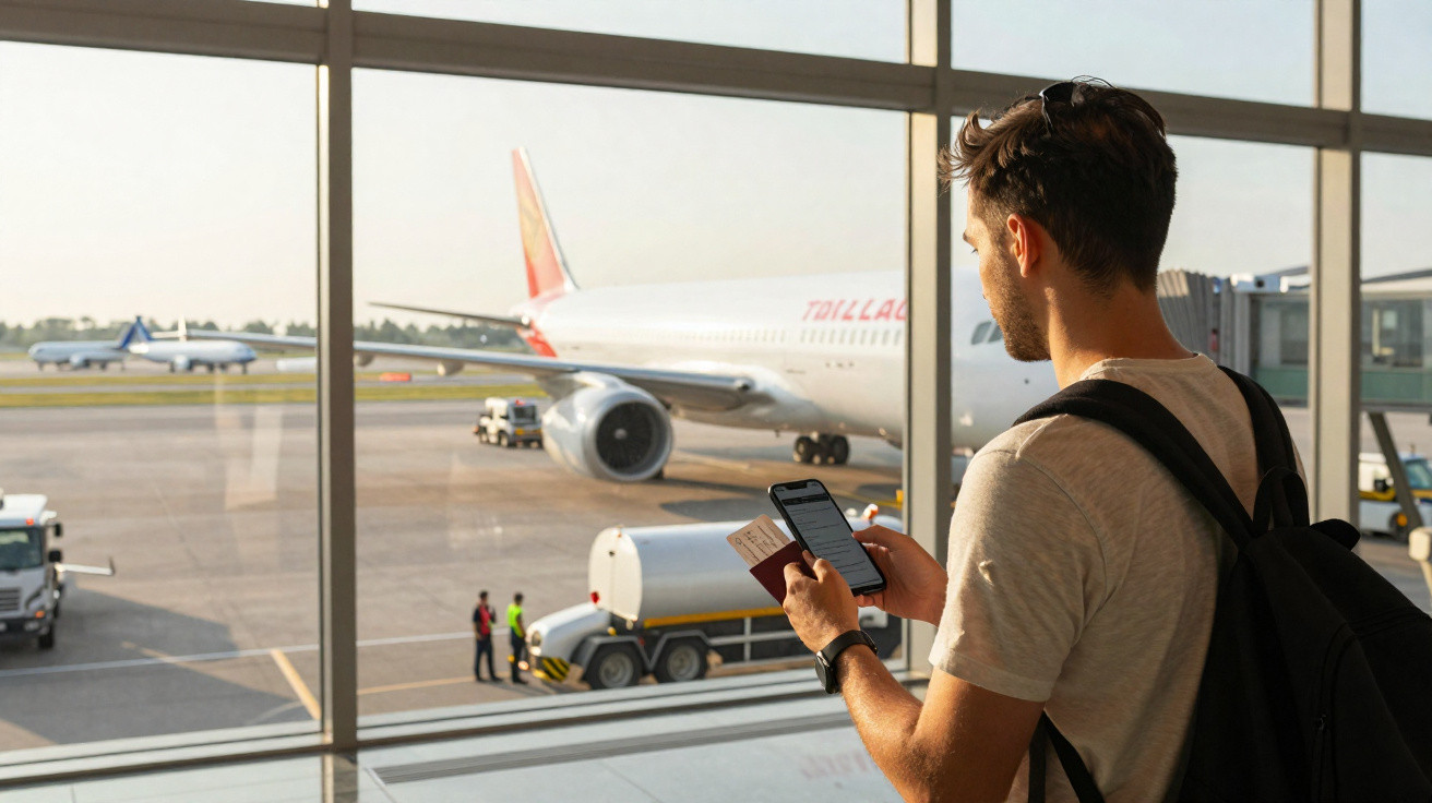 Homem com mochila observa avião no aeroporto enquanto segura bilhete e telemóvel perto da janela.