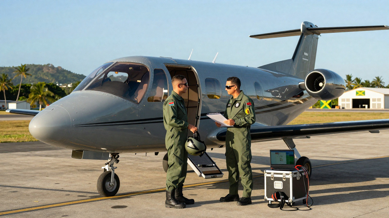 Dois pilotos em fatos de voo verdes junto a um avião ligeiro estacionado numa pista ao pôr do sol.