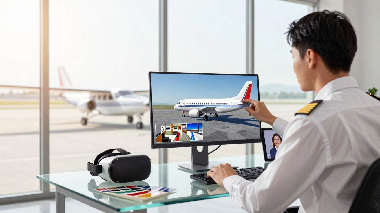 Piloto com uniforme branco interage com simulação de avião em monitor, com óculos VR na mesa ao lado.