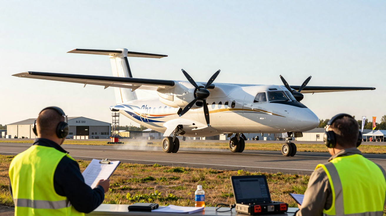 Avião turboélice branco a aterrar numa pista com dois técnicos de segurança com coletes amarelos a observar.