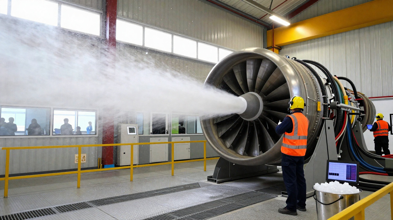 Técnicos em proteção com capacetes e coletes diante de grande turbina em teste com jato de água numa fábrica.