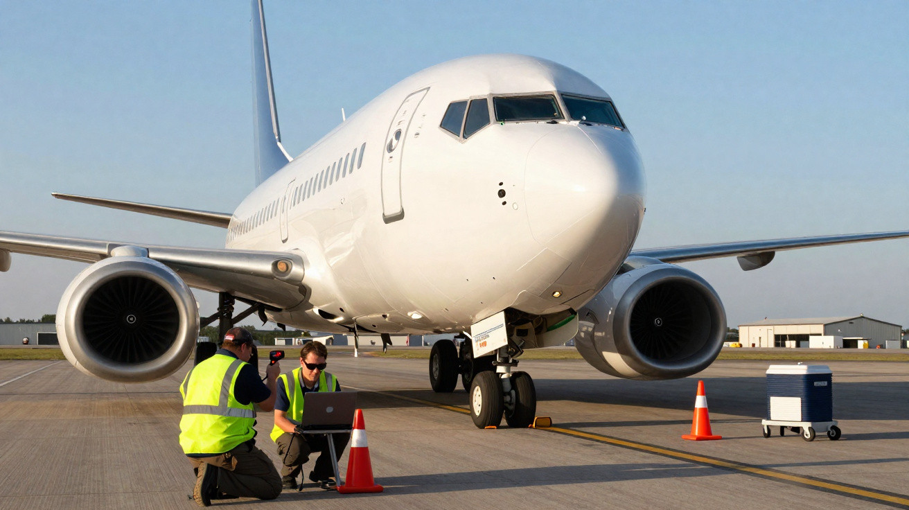 Avião branco estacionado no aeroporto com dois técnicos em coletes amarelos a fazer manutenção junto ao trem de aterragem.