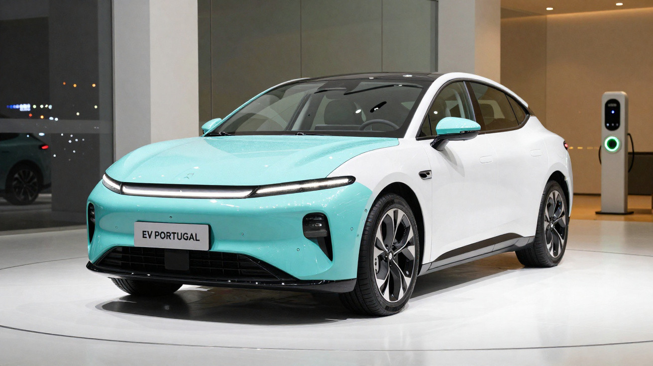 Carro elétrico moderno bicolor azul e branco em exposição em showroom com carregador elétrico ao fundo.