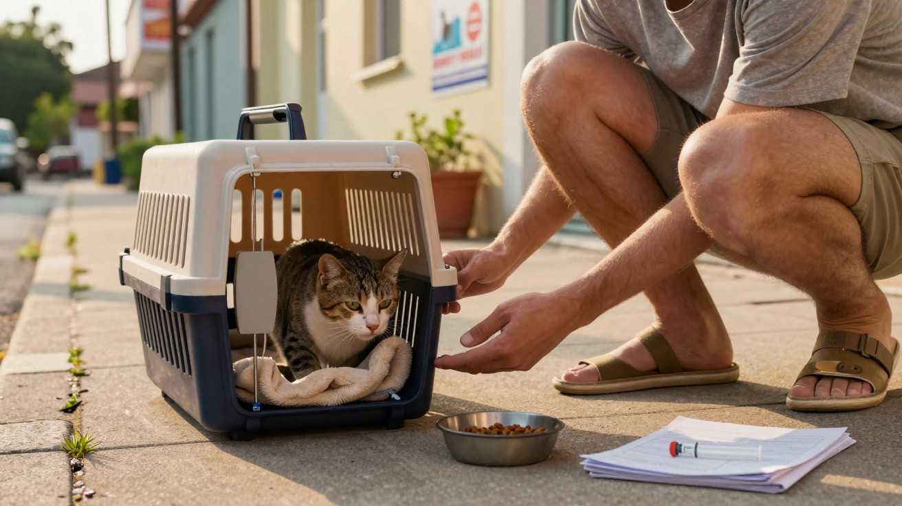 Homem agacha-se para alimentar gato dentro de transportadora com comida num prato na rua.