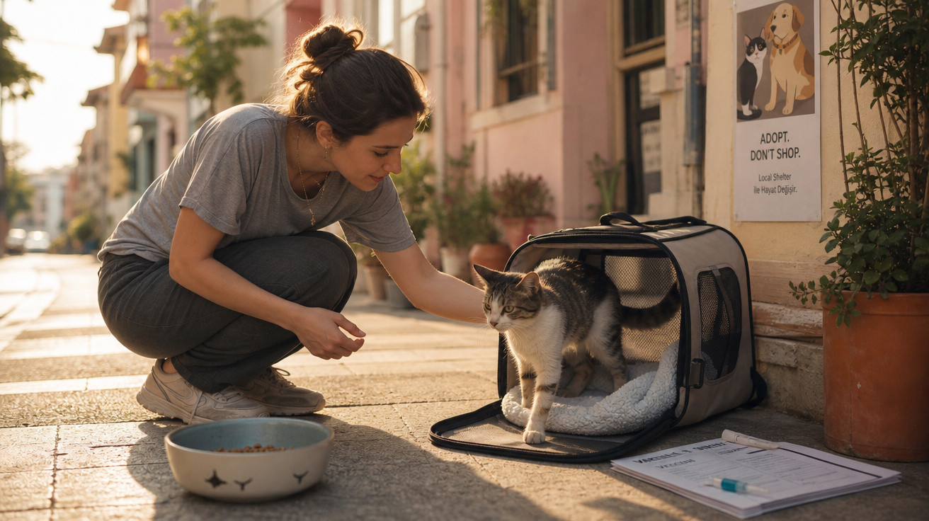 Mulher acaricia gato a sair de transportadora na rua, perto de taça de comida e jornal.