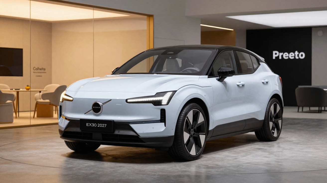 Carro elétrico Volvo EX30 2027 branco exibido numa sala de exposição moderna.